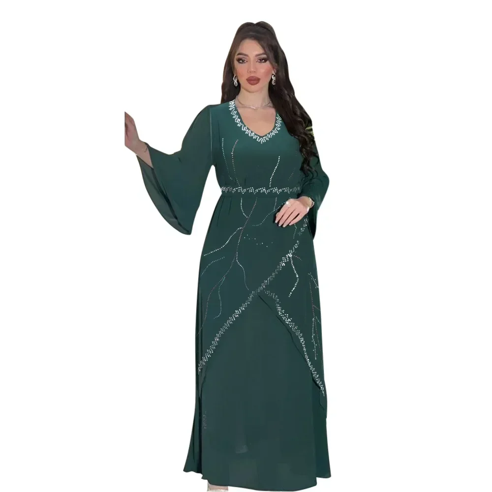 Diamonds Abayas for Women Muslim Evening Party Dress Islam Clothing Arab Robe Saudi Gown Marocain Kaftan Dubai Jalabiya Djellaba