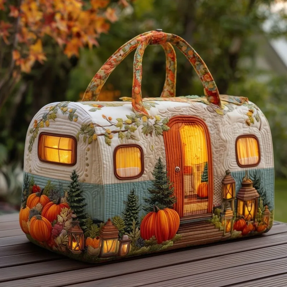 Retro autumn camping bus women's rattan printed handbag pumpkin maple leaf large capacity luggage weekend travel handbag