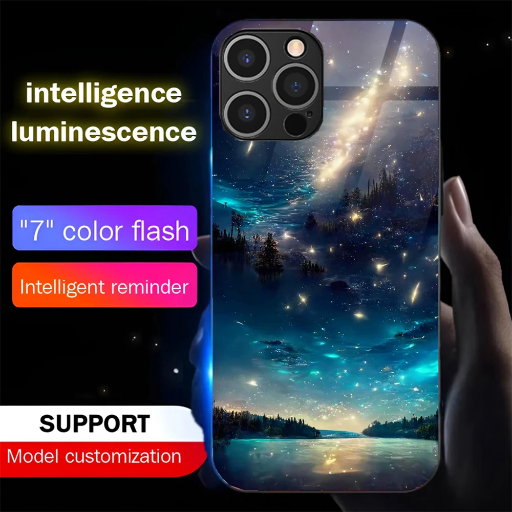 

Pretty Starry Sky Luminous Glass LED Call Light Up Flash Phone Case Cover For iPhone 16 E 15 14 13 12 11 Pro Max X XR XS Plus