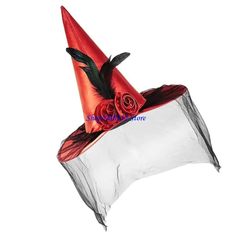 634C Girl Halloween Flower Witch Hat with Black Veil Applique Wizard Cosplay Hat