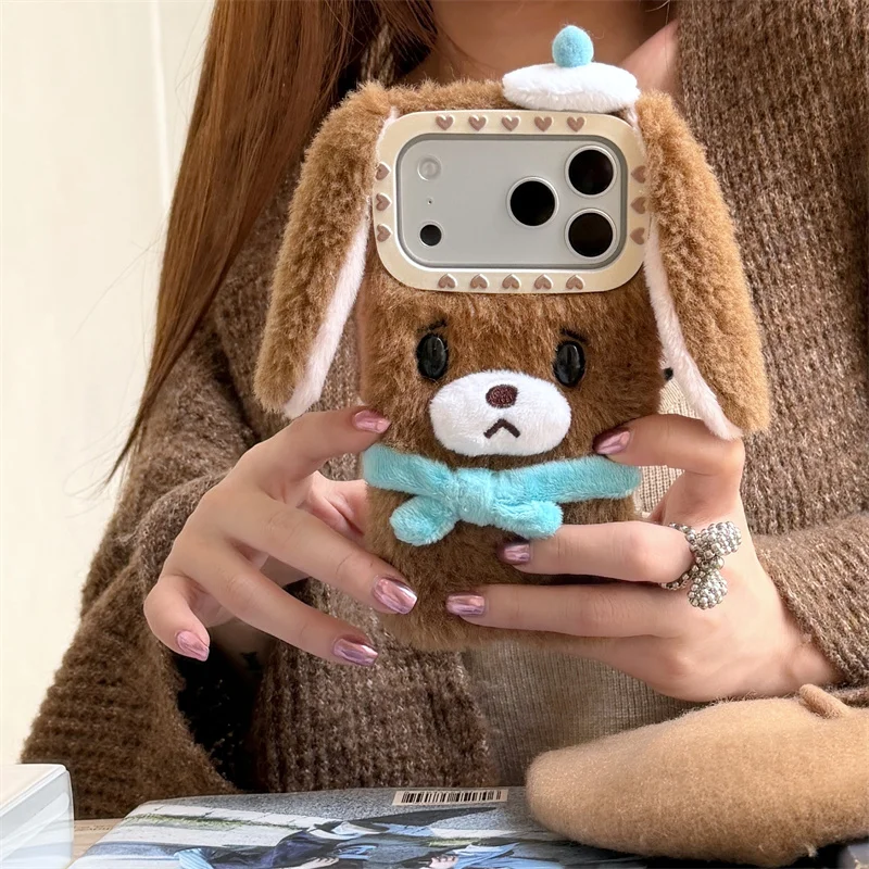 

Cartoon Dog Fluffy Fuzzy Plush 3D Fur Case For iPhone 17 pro max winter Cute Soft cases for iphone 16 15 14 Pro Max Kids gift