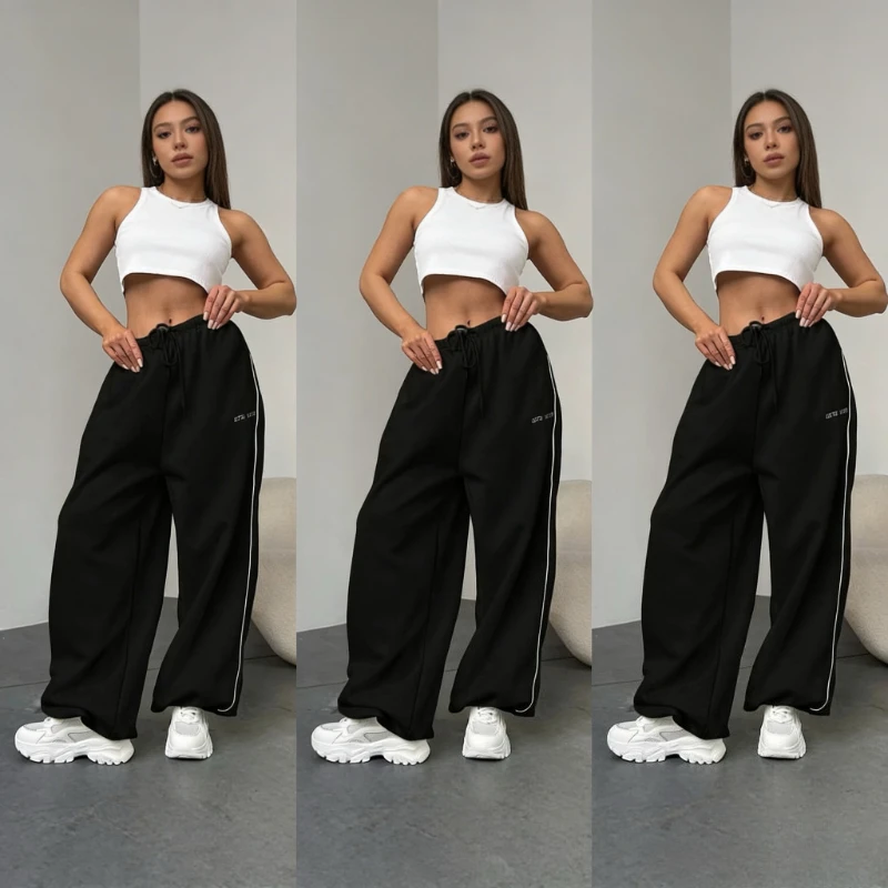 

Женские черные спортивные брюки оверсайз в американском ретро-стиле, свободные джоггеры с высокой талией и широкими штанинами, уличный стиль, коллекция 2026 года