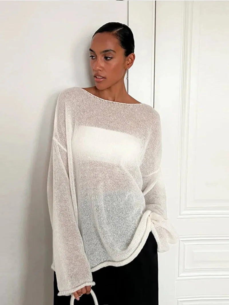 Knitted See Through Top Shirts Women Loose Long Sleeve Mesh Pullover Sweatshirt Elegant Solid 2024 Spring Lady Y2K Streetwear