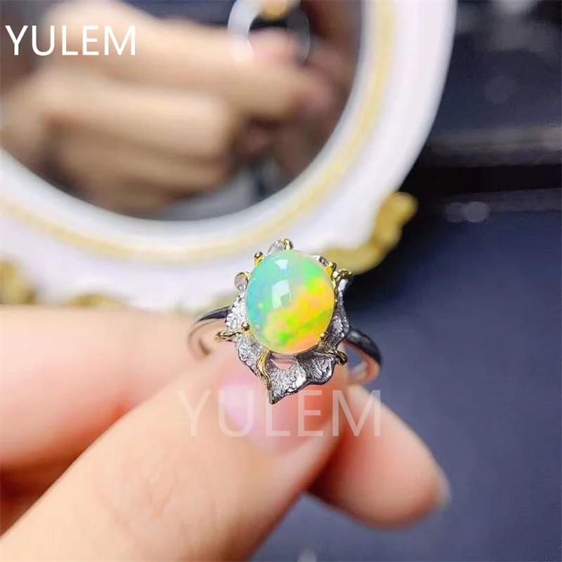 Weiß Gold Überzogene Feuer Natürliche Opal Ringe für Frauen Hochzeit Schmuck Big Oval Regenbogen Birthstone Engagement Ring