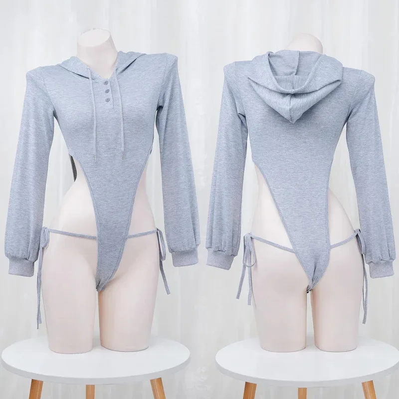 

New Halloween Cosplay Anime Girsl Women Gray Long Sleeve Hooded Hoodie Bodysuit Costume Cosplay Bandage High Slit Playsuit Hoodi