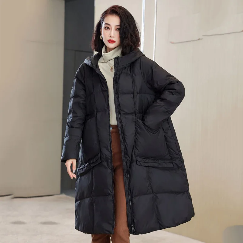 Women\'s Down Parker Winter Coat Female Pockets Loose Hooded Down Jacket Solid Color Simplicity Snow Mid-length Puffer Coats