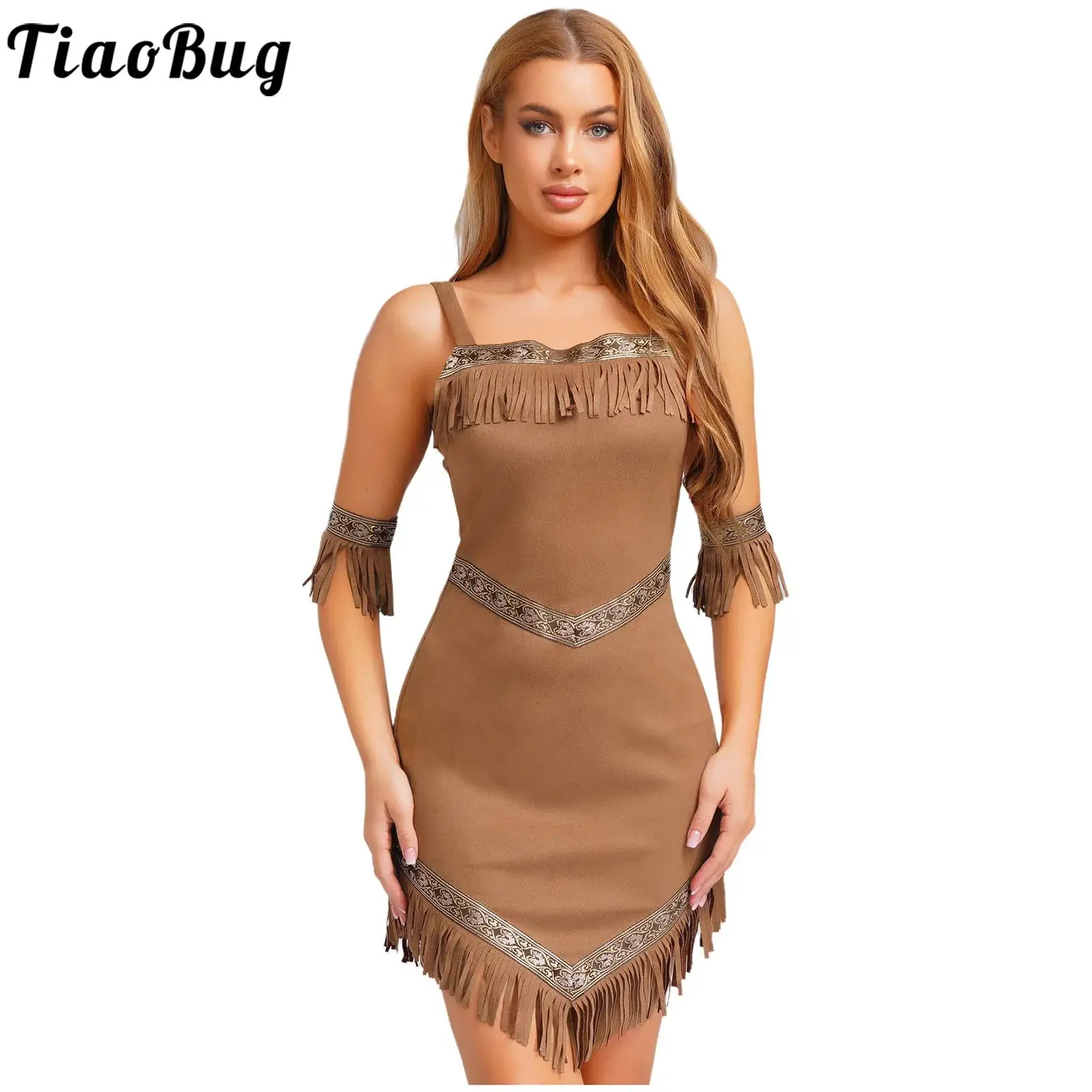 

Womens Native Tribe Princess Cosplay Costume Aboriginal Faux Suede Dresses Trim Tassel Irregular Hem Dress for Halloween Party