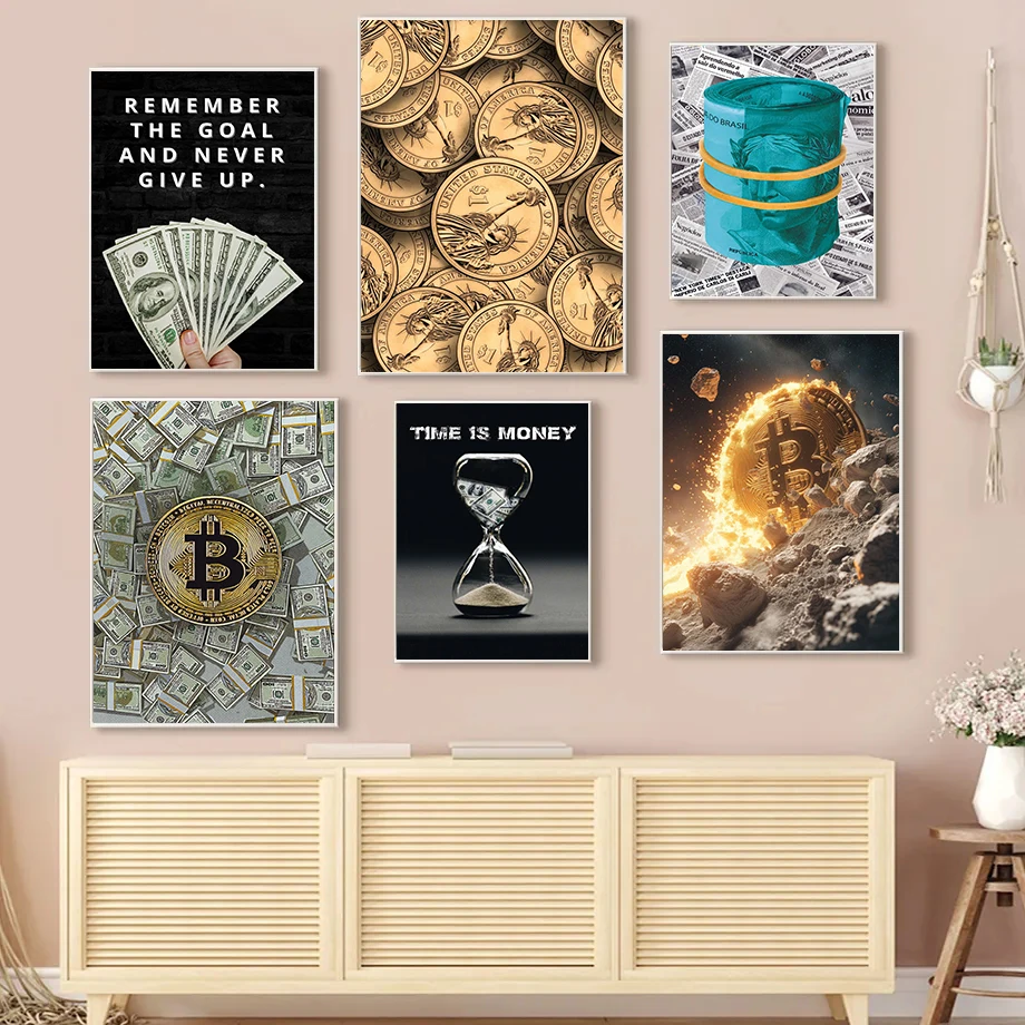 Time Is Money Inspirational Quotes Cash Tree Banknotes Gold Coins Poster Canvas Paintings Wall Art Pictures Home Decor