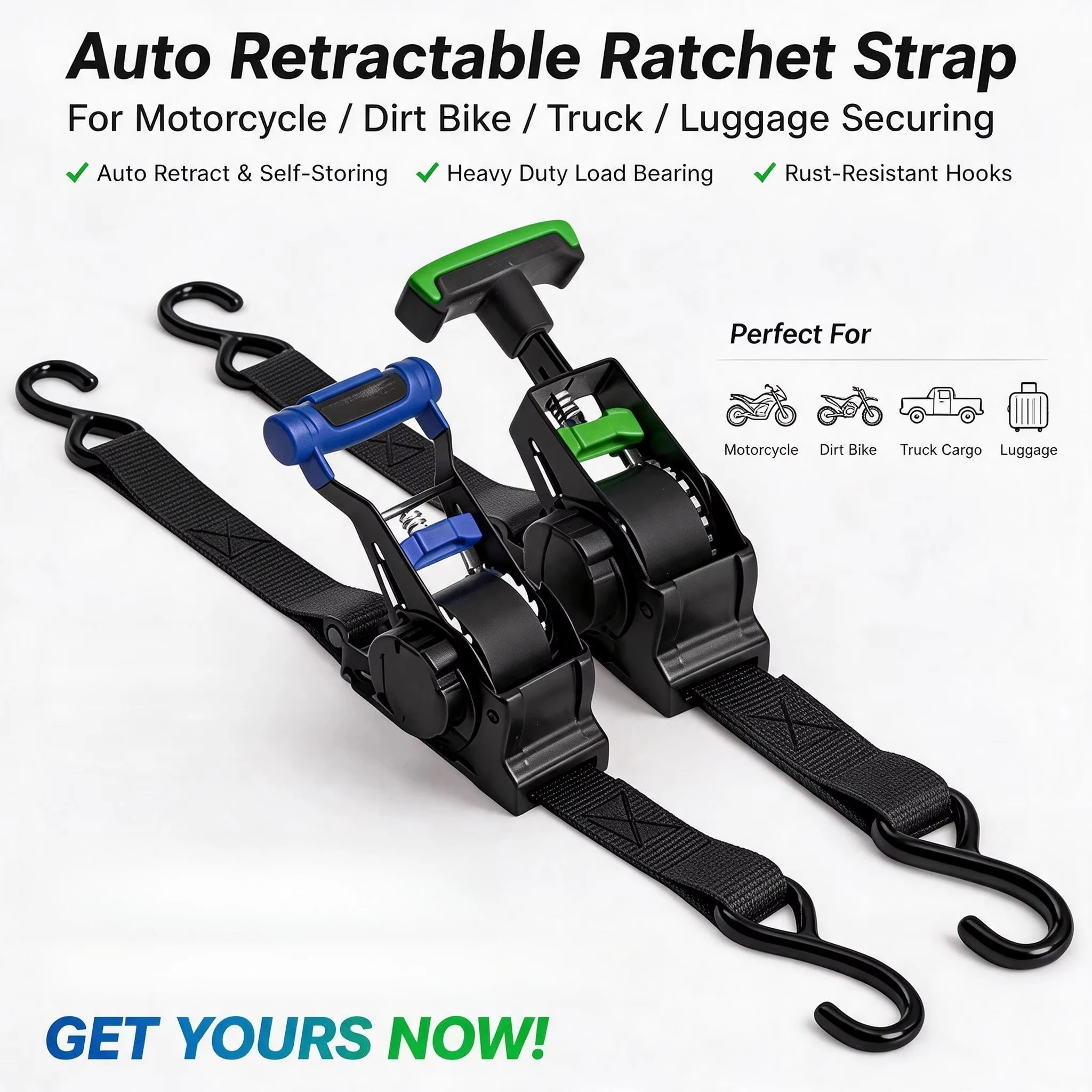 Quick Release Retractable Ratchet Strap Automatic Self-Shrinking Tie Down Heavy Duty Cargo Luggage for Truck Trailer Motorcycle