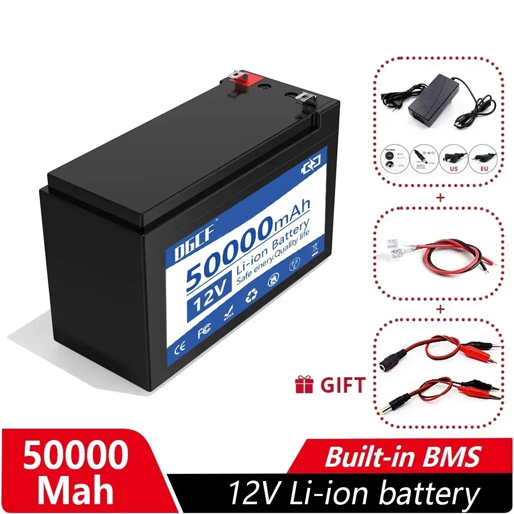 12V lithium Battery 50Ah 18650 Rechargeable battery pack for solar energy electric vehicle LED lights battery 12.6v 3A charger