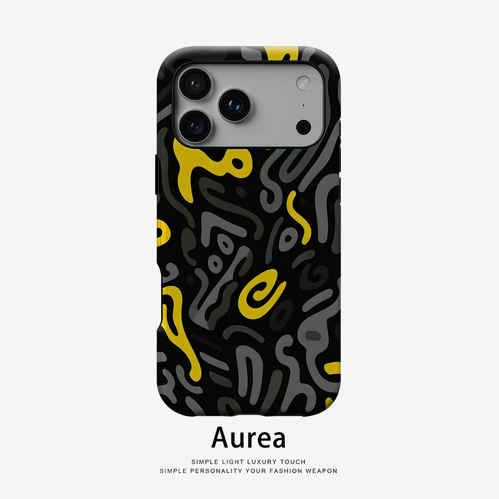 Aurea Case Matte Bumper für MagSafe Hülle für iPhone 17 16 15 14 Plus 13 Pro Max Stoßfeste Harte PC Schwarz Gelb Graffiti Schutzhülle