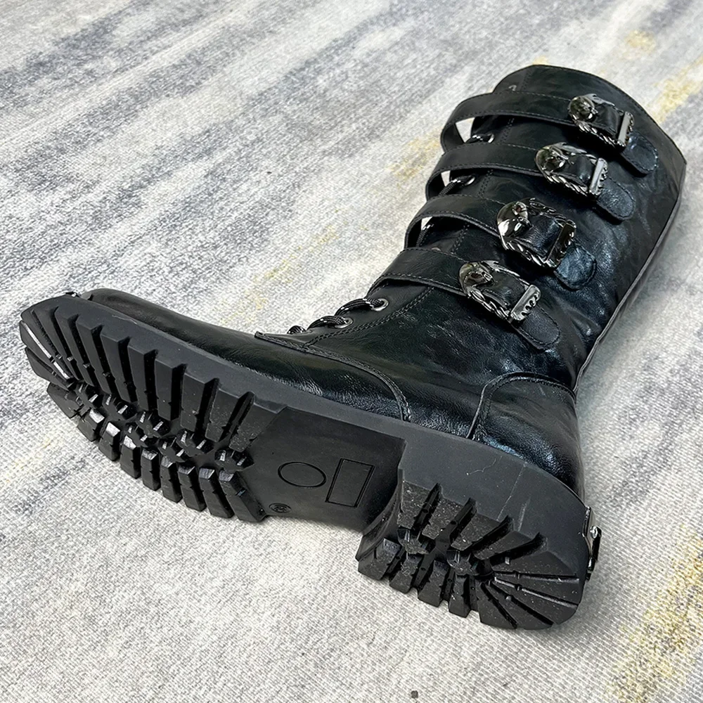 Punk Metal Decor Belt Buckle Mid-calf Gothic Long Boots for Men Round Toe Lace Up Thick Soled Knight Boots Winter Outdoor Shoes