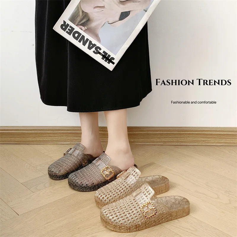 المتخصصة تصميم المرأة شقة شفافة باوتو النعال الصيف الجوف خارج النعال الكبار الفتيات عدم الانزلاق المنسوجة نصف النعال الإناث #3