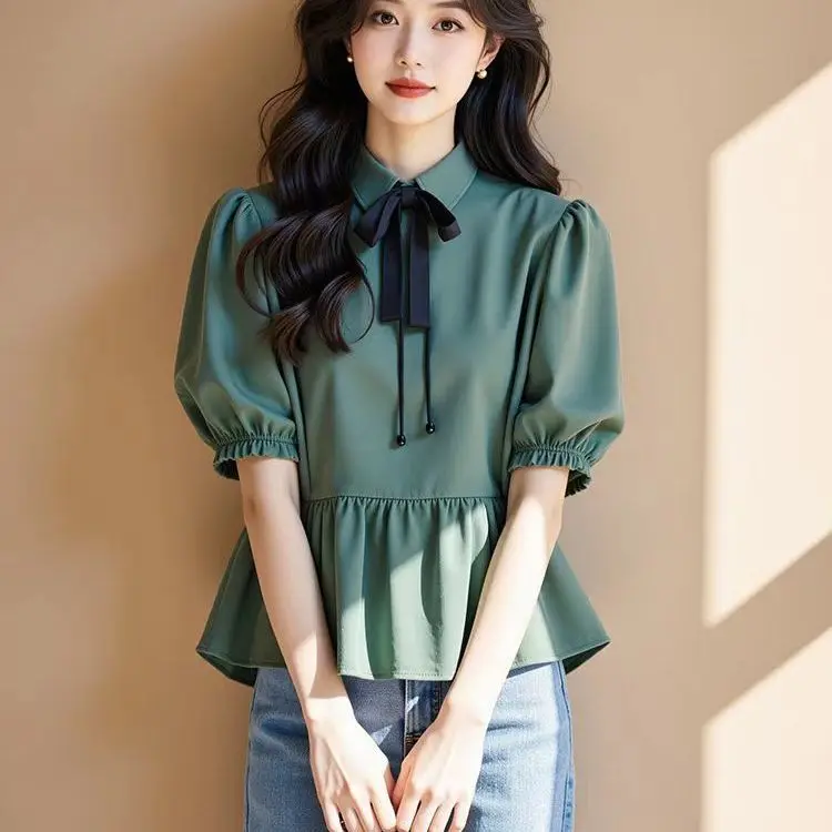 Green Bow Puff Sleeve Shirt for Women 2025 New Waist-hugging Slimming Short-sleeved Top