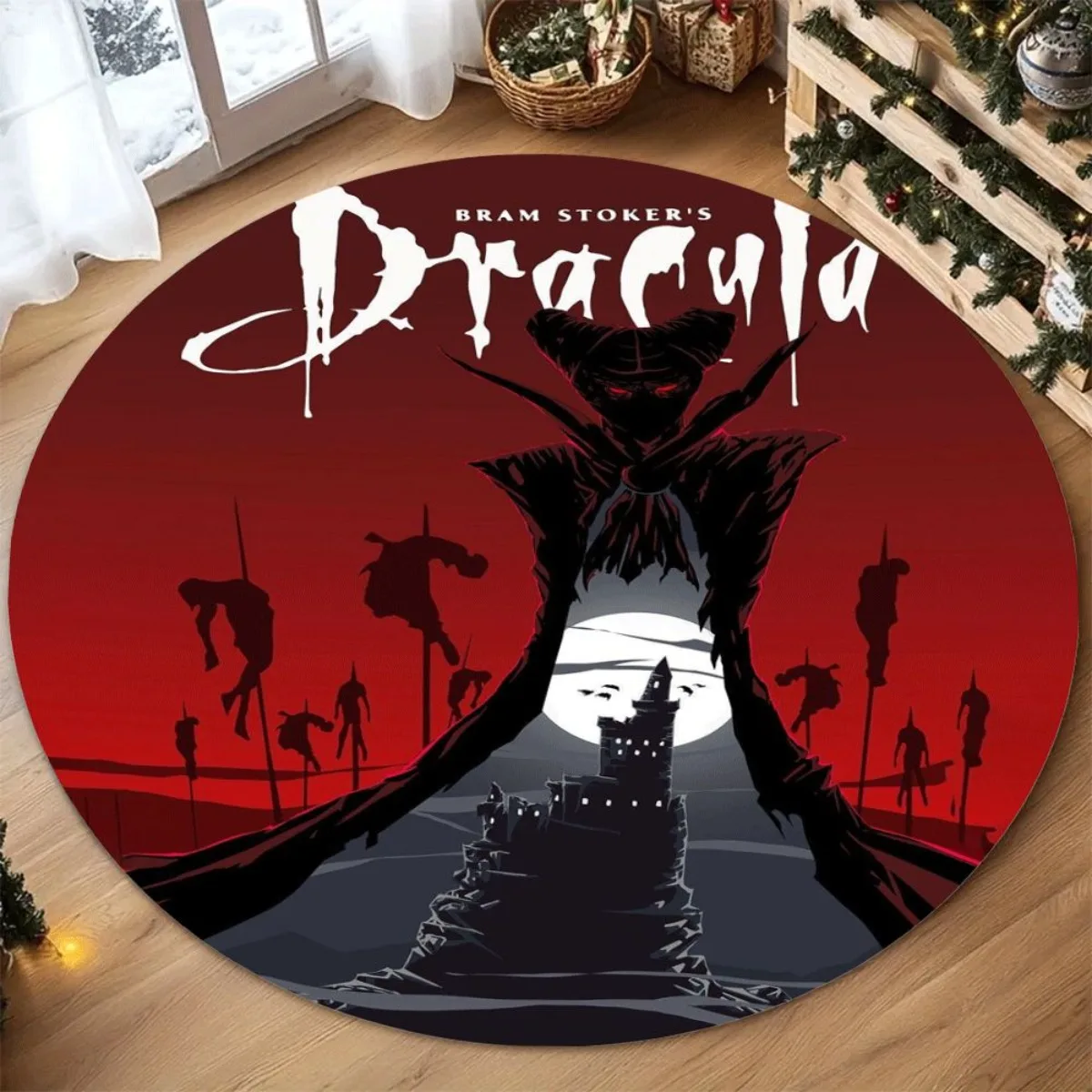 Dracula Castle Round Rug Flannel Horror Theme Bram Stoker Novel Inspired Home Decor Halloween Party Floor Mat