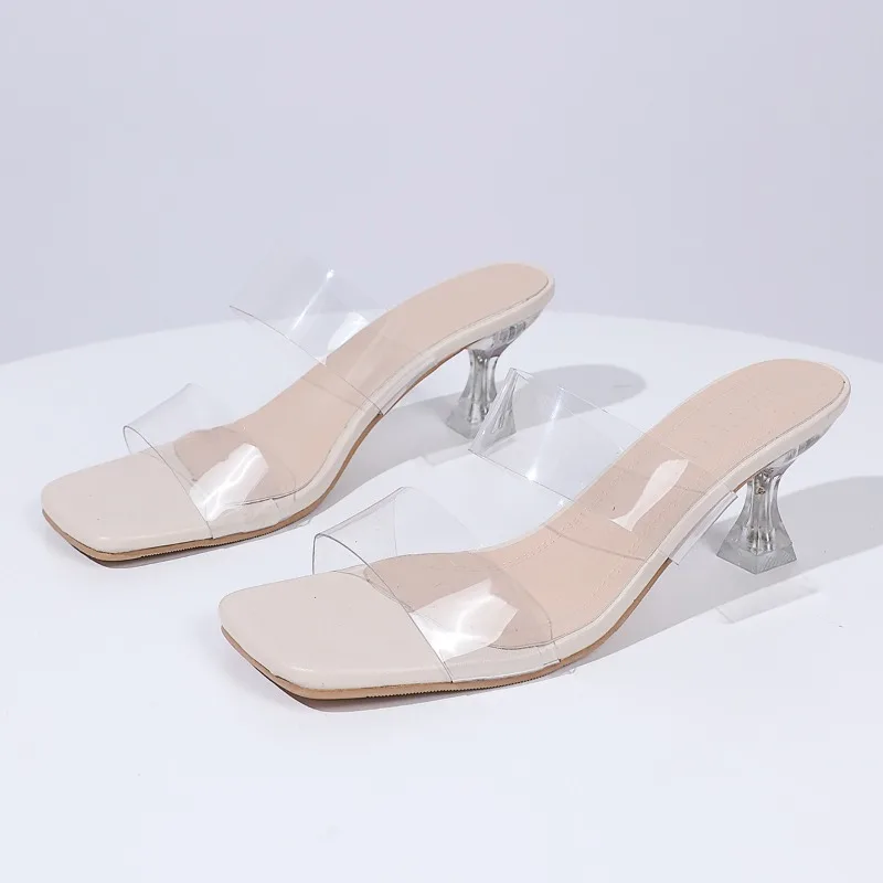 Zapatillas de tacón alto para mujer, zapatillas frescas de PVC transparente a la moda, Sandalias de tacón grueso de verano, punta cuadrada, punta abierta, diapositivas para mujer