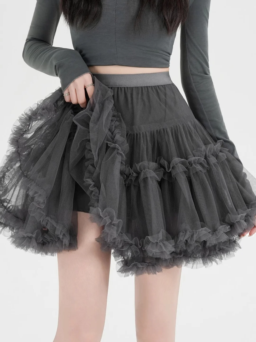 Spring Summer New Style Women's High Waist A-Line  Skirt Pleated Tulle Puffy Cake Half Body Skirt Wood Grain 