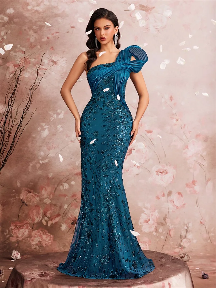 فساتين سهرة طويلة فاخرة من Lucyinlove بكتف مائل ترتر على الخصر وحورية البحر وحفلات الزفاف الليلية فستان كوكتيل أنيق #5