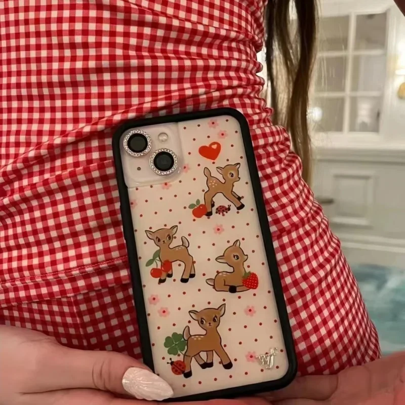 Luxury Wildflower Cute Cartoon Christmas Love Cherry Strawberry Fawn Phone Case For iPhone 13 12 14 15 16 Pro Max Christmas Gift