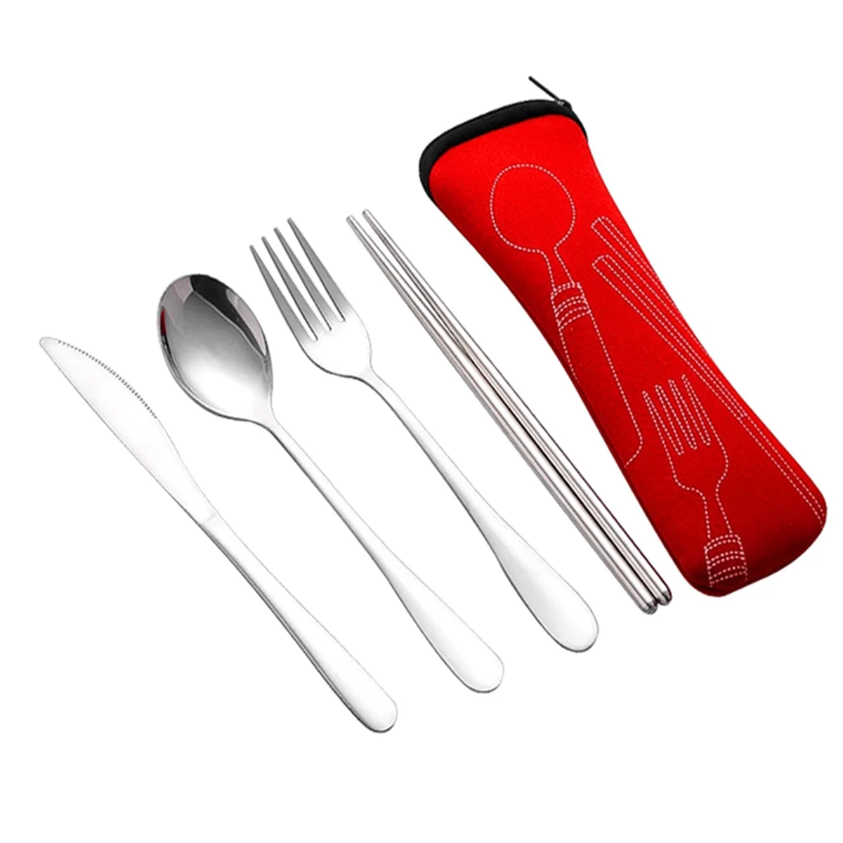 4Pcs Set Dinnerware Portable Stainless Steel Spoon Fork Steak Knife Set Travel Cutlery Tableware with Bag Red