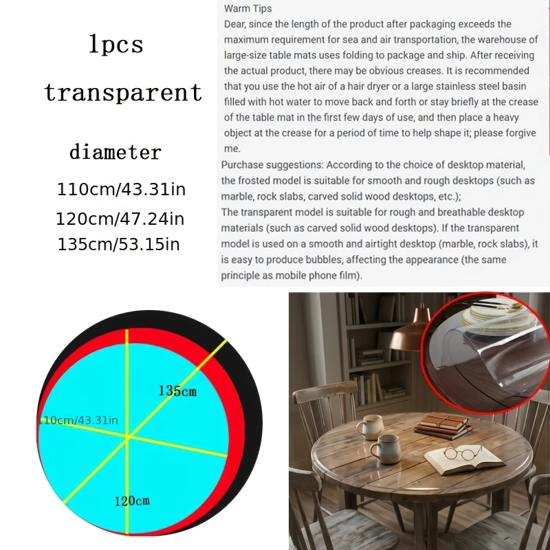 110/120/135cmTransparent Round Table Protector PVC Waterproof Oil-proof  Desk Cover Mat Heat Resistant for Wood Marble Table
