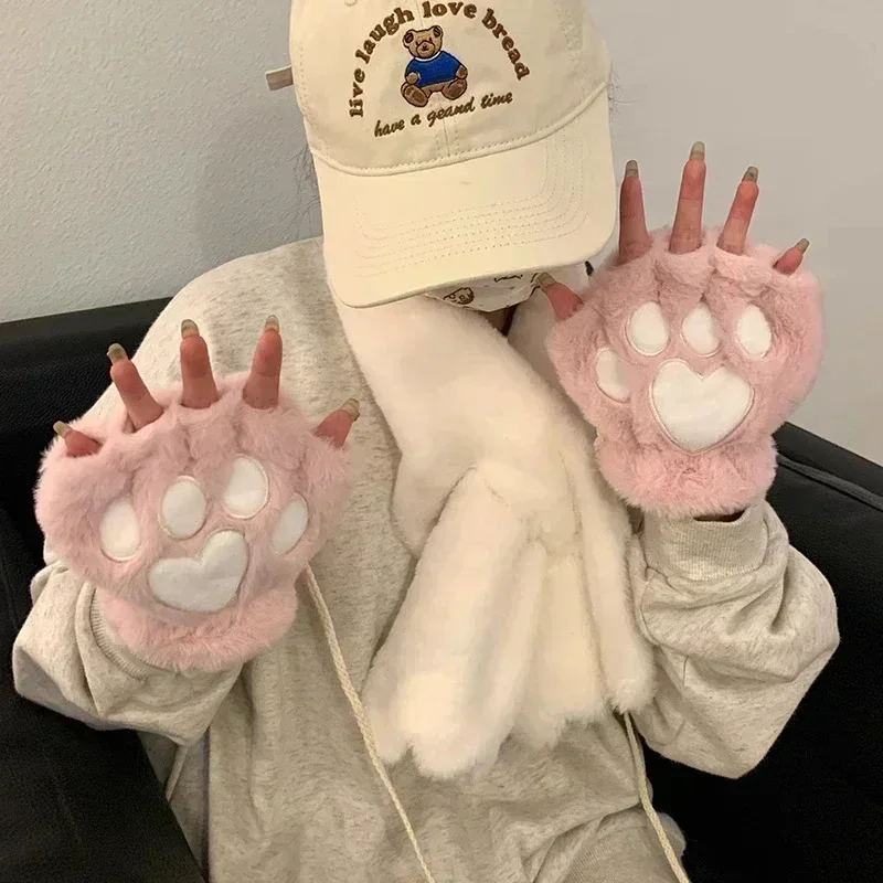 2024 Kawaii Women Warm Cat Gloves Fashion Girls Cat Claw Paw Plush Mittens Soft Plush Short Fingerless Half Finger Winter Gloves