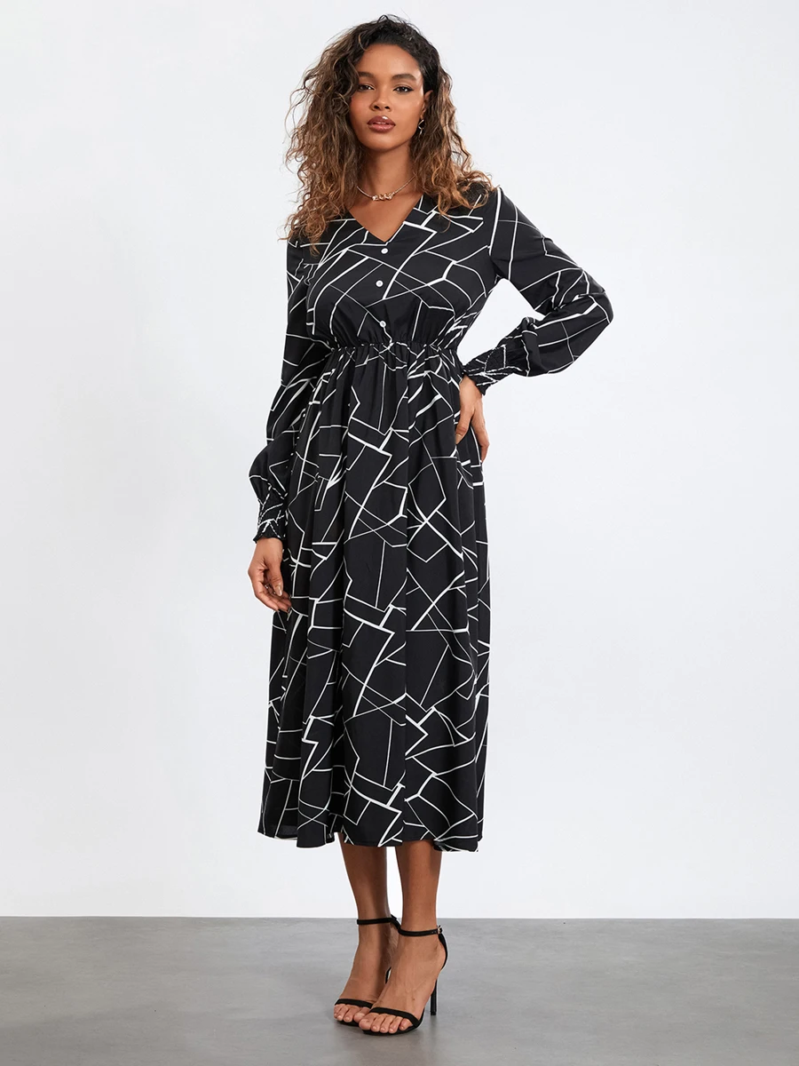 

Women s Fall Midi Dress Lantern Sleeve V Neck Button Front Geometric Print A-Line Dress Vintage Flowy Dress