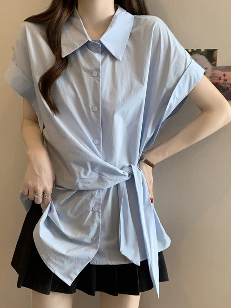 

Korean Sle Women's Ne ort Sve irt Belted Loose Fit Breathable Skin-Friendly Summer Faion plus Size Top