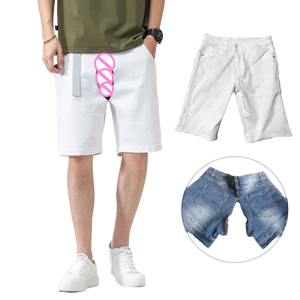 Thin White Denim Shorts Men\'s Invisible Open Crotch Outdoor Sex Summer Casual Short Pants Fashionable Classic Jeans Erotic