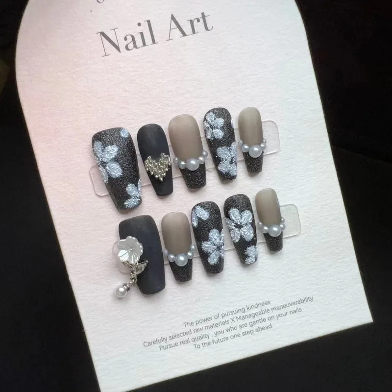 False Nails Fake Nails Full Cover Press on Nails Diy Pure Handmade Removable Reusable White Camellia Chain Shell Flowers