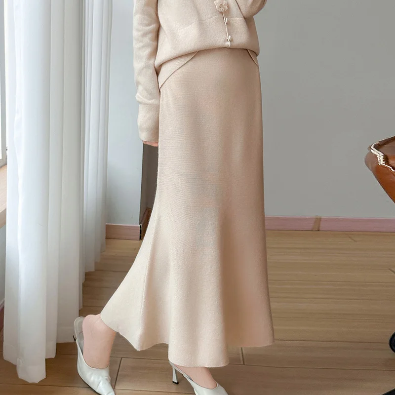 Meerjungfrau-Saum, exquisiter modischer Midirock, 100 % Merinowolle, trendiger klassischer Pullover, Midirock für Damen, Herbst und Winter, weicher Rock