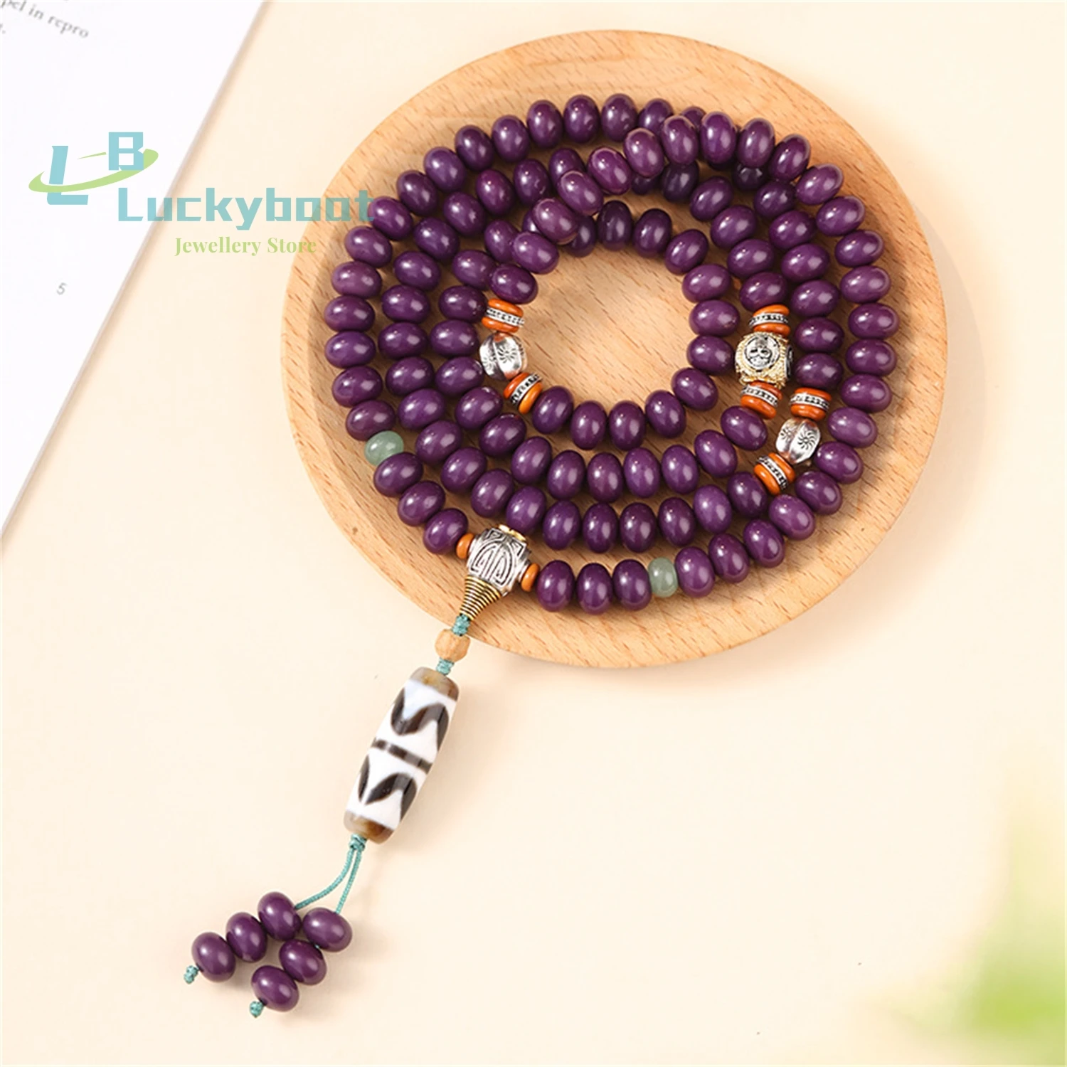 

Natural Bodhi Root Purple Bodhi Multi Circle Handheld 108 Abacus Beads Lucky Bag Tiger Teeth Tianzhu Bracelet Retro Men's and Wo