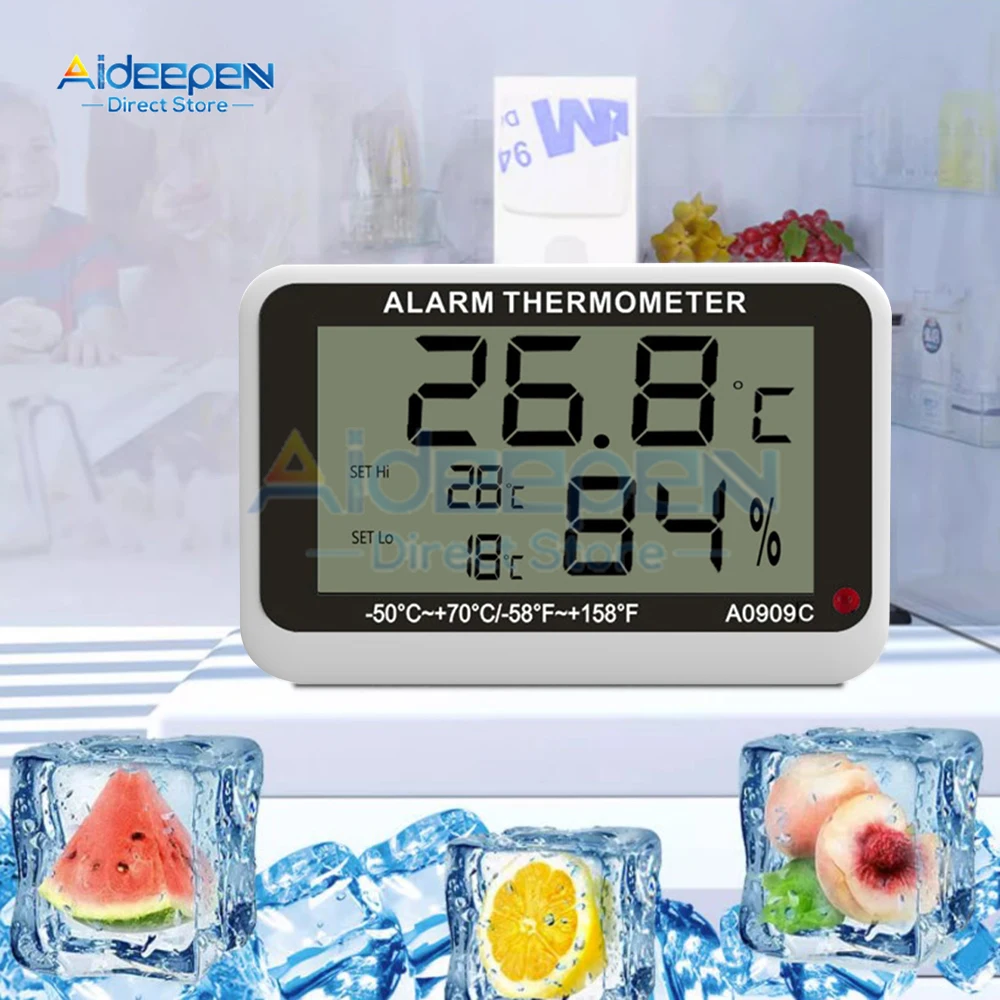Termometro digitale LCD Igrometro Congelatore Igrotermografo Misuratore di temperatura e umidità alti/bassi con allarme ℃ / ℉   Interruttore