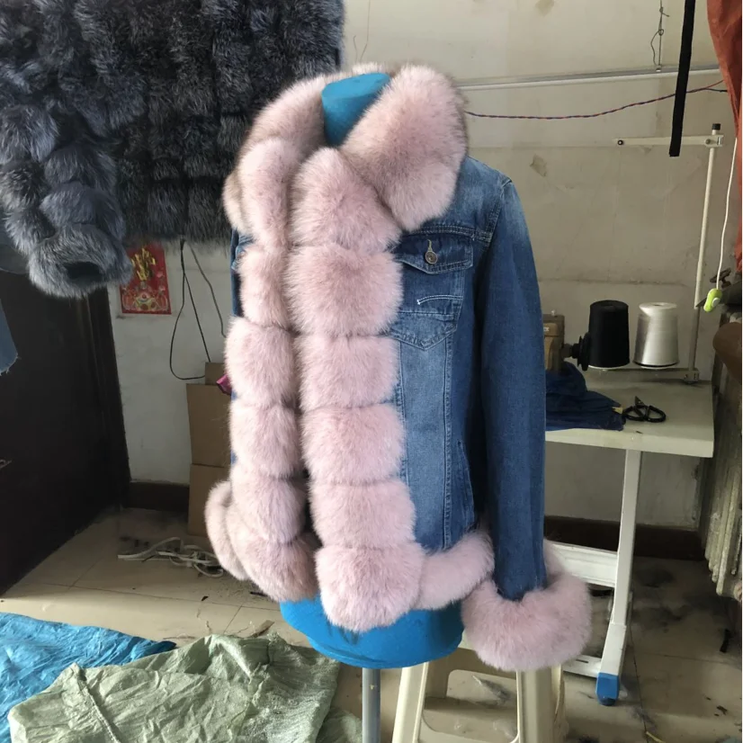 Women's Real Fox Fur Denim Jacket, Parker Clothing, Rabbit Fur Lining, Warm Winter Fashion, High Quality, New