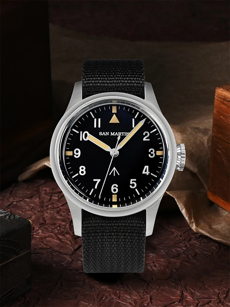 San Martin New 38.5mm NH35 Pilot Watch Fashion Simple Style Mens Watchs Automatic Mechanical Sapphire Nylon Strap 10 Bar Lum