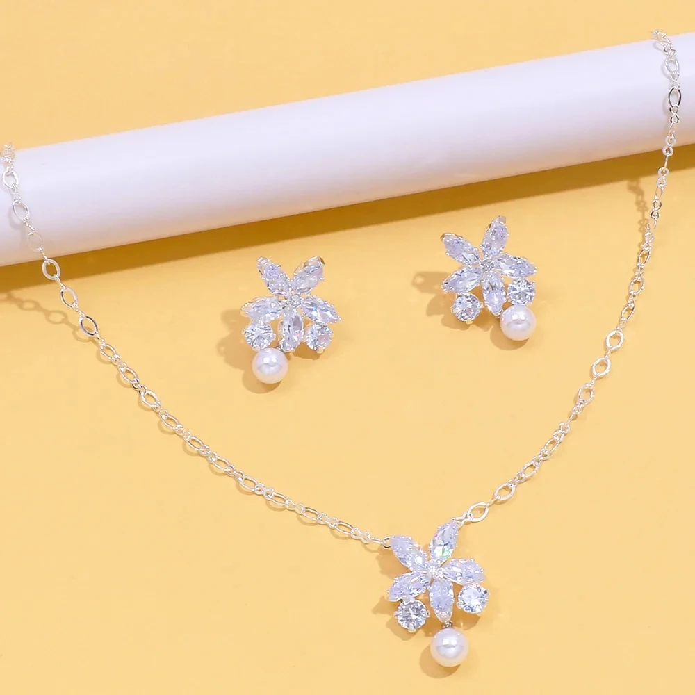 Stonefans Fashion Women Elegant Imitation Pearl Necklace Earrings Zircon Geometry Necklaces Bride Wedding Party Jewelry Set Gift