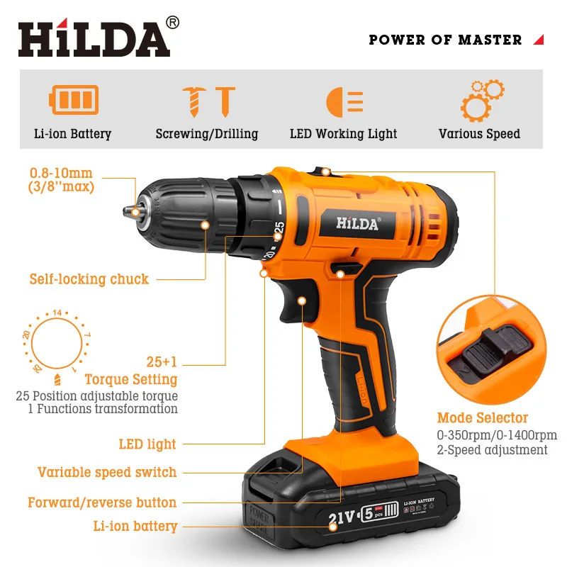 HILDA  Mini Cordless Drill Electric Screwdriver with LED Wireless Power Driver DC Lithium-Ion Battery Power Tools