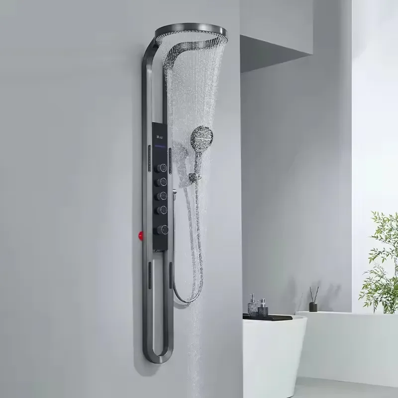 Gun Gray Digital Shower Panel Column Smart Wall Mounted Bathroom Waterfall Shower Set System Multifunctional Rainfall Head