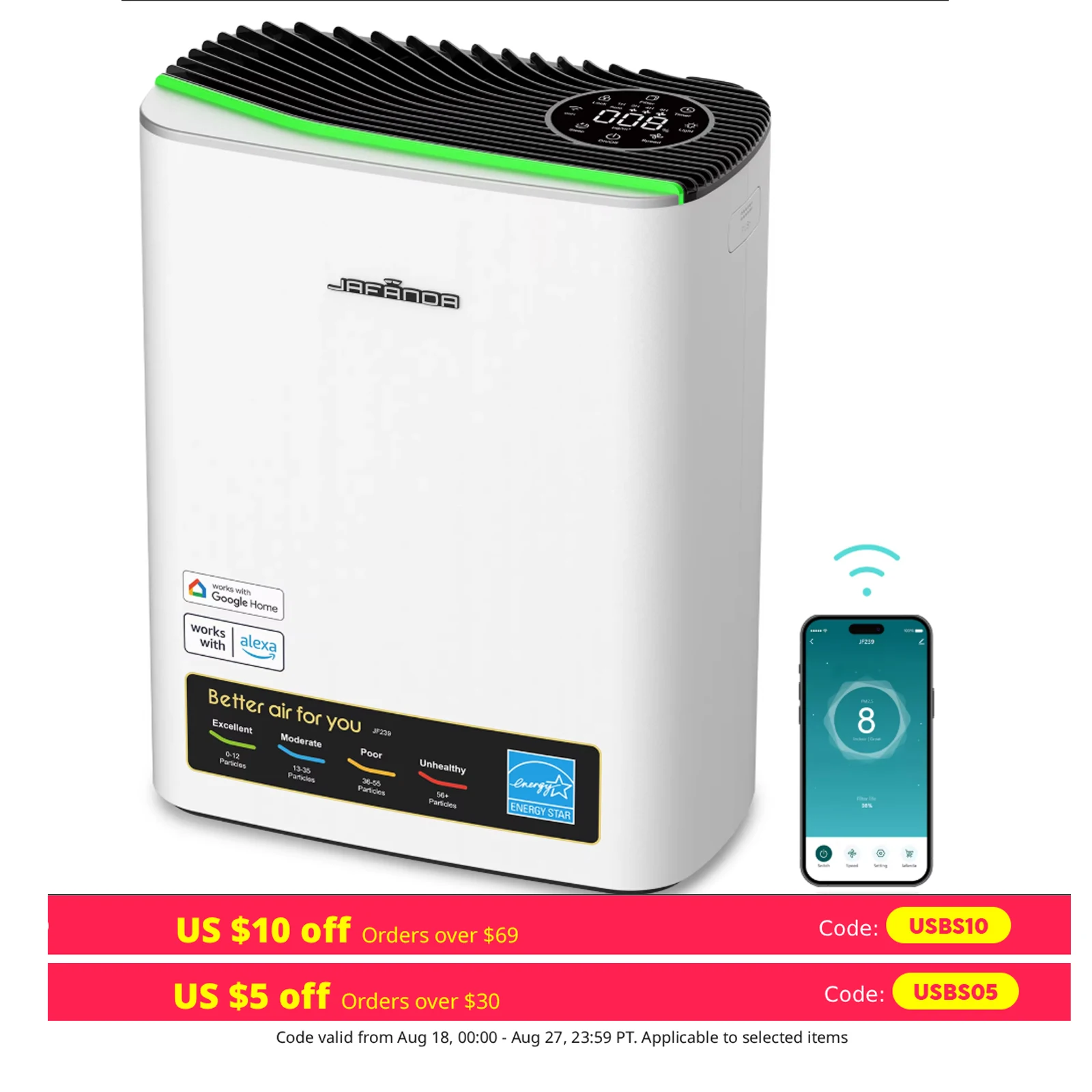 

Очистители воздуха Jafanda для дома, большая комната до 1226 футов2, очиститель воздуха с фильтром HEPA удаляет 99,97% аллергии, пыли, дыма, запаха