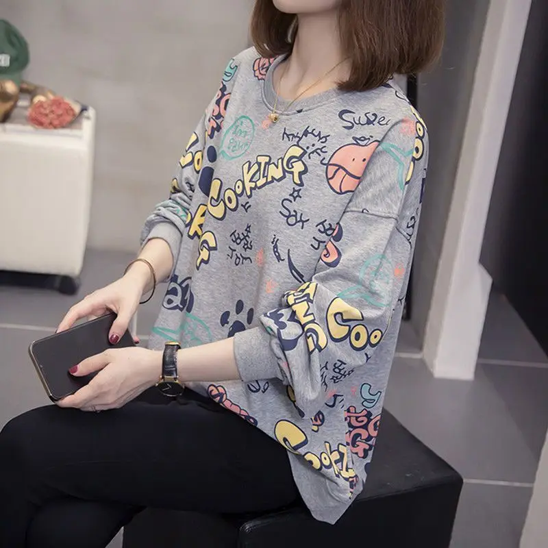 Women\'s Clothing Spring Autumn Round Neck Pullover Lantern Long Sleeve Letter Cartoon Printing Casual Office Lady Classic Tops