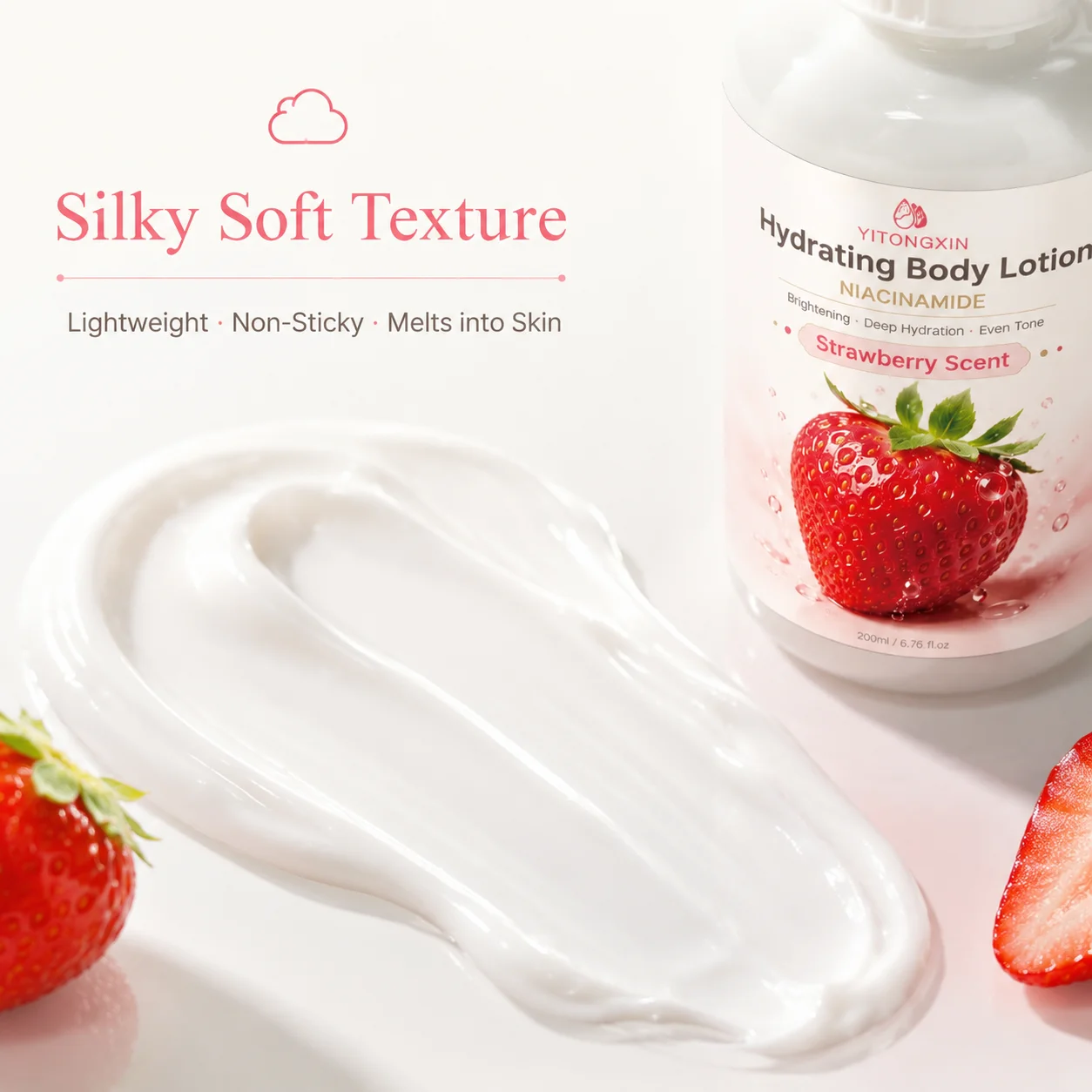 Moisturizing Body Lotion Strawberry Scent Niacinamide Hydrating Brightening Even Tone Skin Care 200ml For Women All Skin