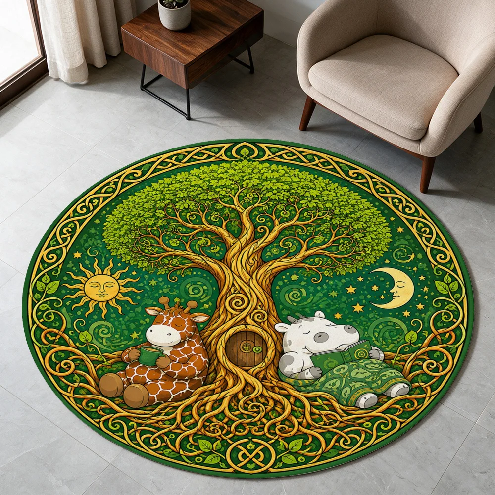 Whimsical Forest Friends Tree Life Circle Area Rug for Nursery Kids Playroom Boho Bohemian Decor