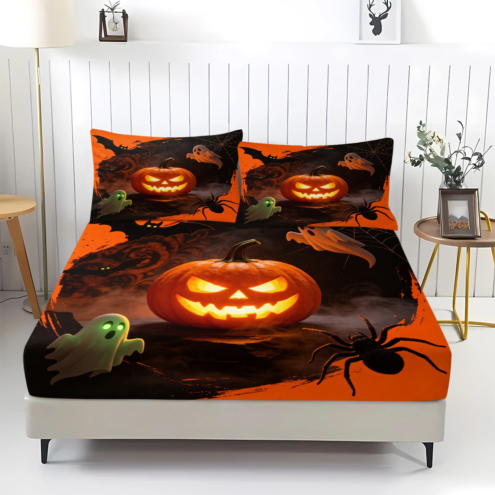 Spooky Halloween Fitted Bed Sheet Set Jack‑O'‑Lantern Ghost Spider Bat Pattern Soft Polyester Mattress Protector Holiday Decor