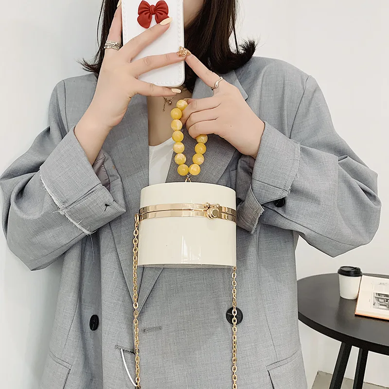 

Acrylic Round Party Evening Clutch Bag for Women Golden Beaded Handles Female Purses and Handbags Shoulder Crossbody Chain Bag