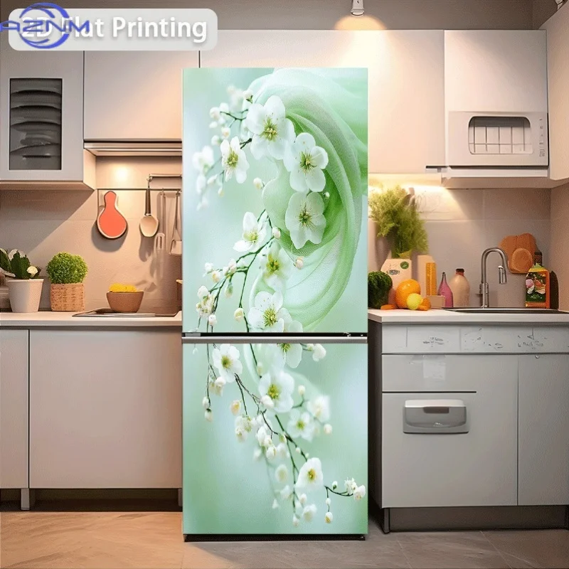 [Printing] Refrigerator Sticker 60X180 Cm Green Gauze And White Flowers Theme Scene Wall Sticker Decoration Wallpaper Self-Adh