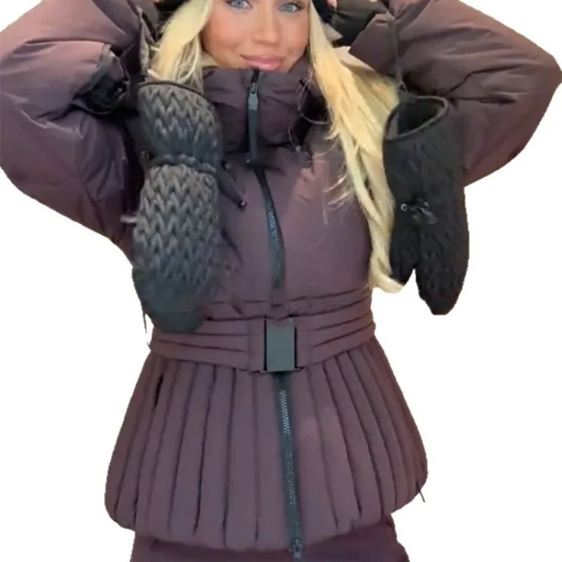 Women's Jacket Zipper Belts Thicken Casual 2026 Winter Windproof Short Jacket Slimming Skiwear Detachable Hood Tops Women Coat