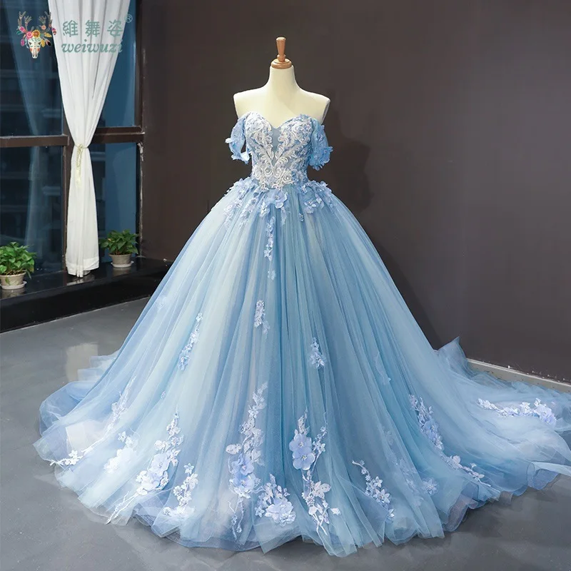 

Blue One Necked Off Shoulder Puffy Dress with Delicate Hand Embroidered Sequins and Three-dimensional Decals for Evening Dress