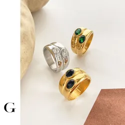 Ghidbk Hyperbloe Gold/Silver Color Wide Double Layer Zircon Rings Women Stainless Steel White Green Black CZ Stone Rings Chunky