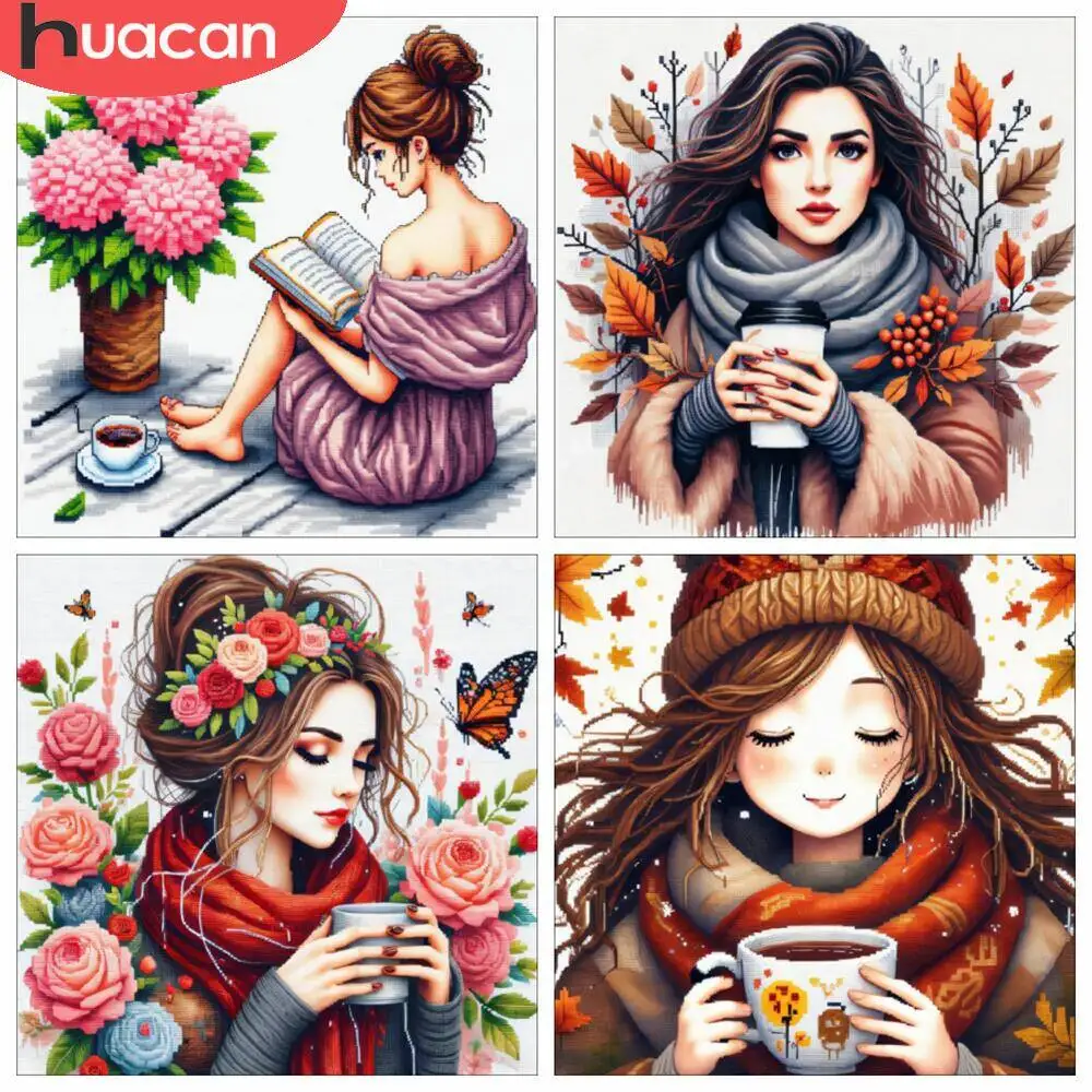 HUACAN Kreuzstich-Anzüge für Mädchen und Frauen, Porträt-Sticksets, Muster, Handarbeit, Rose, Blume, 11 Karat, Bild gedruckt