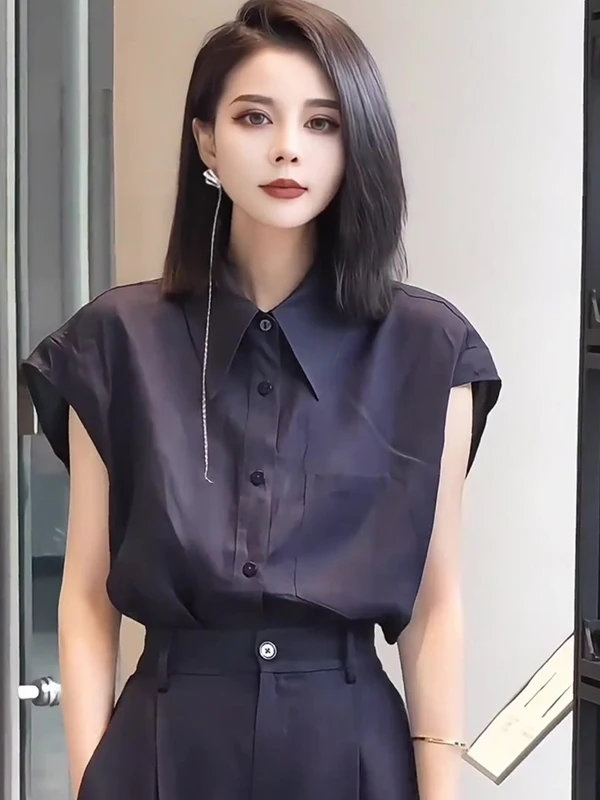 

Retro Fashion Simple Pure Color Single Button Flying Sleeve Women's Shirt Summer Design Versatile Elegant Casual Loose Fit